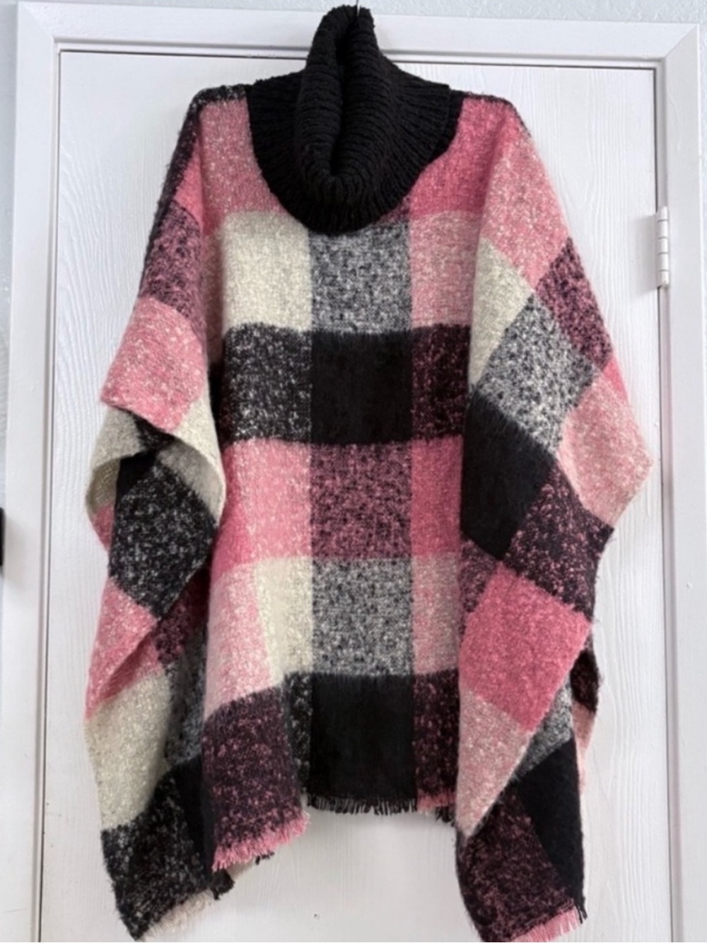 Juicy Couture Pink, Black & Cream Plaid Cowl Neck Poncho Sweater